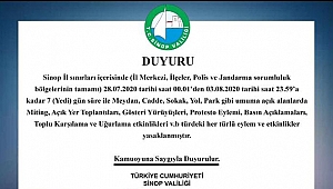 Sinop Valiliği'nden İl Sınırları İçerisinde Etkinliklerin Yasaklanması Kararı